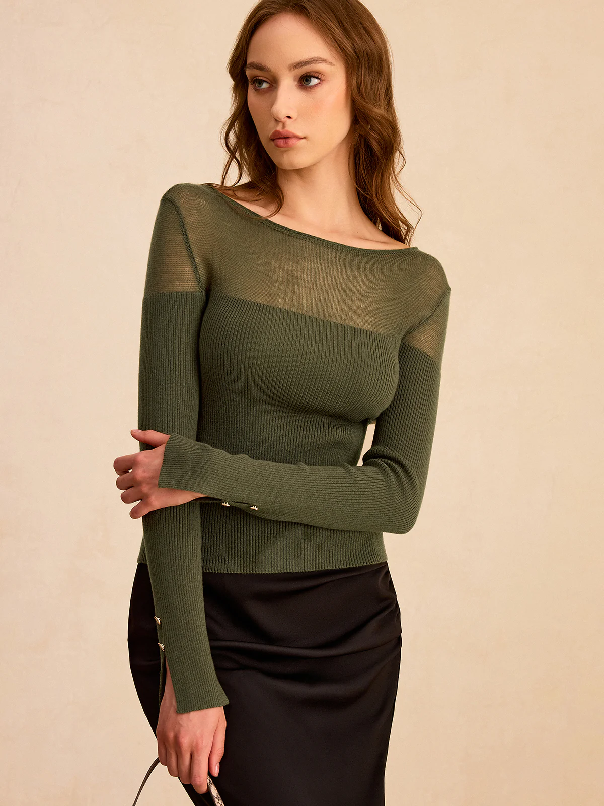 Sheer-Paneled Boat Neck Knit Top - Wholesalesil