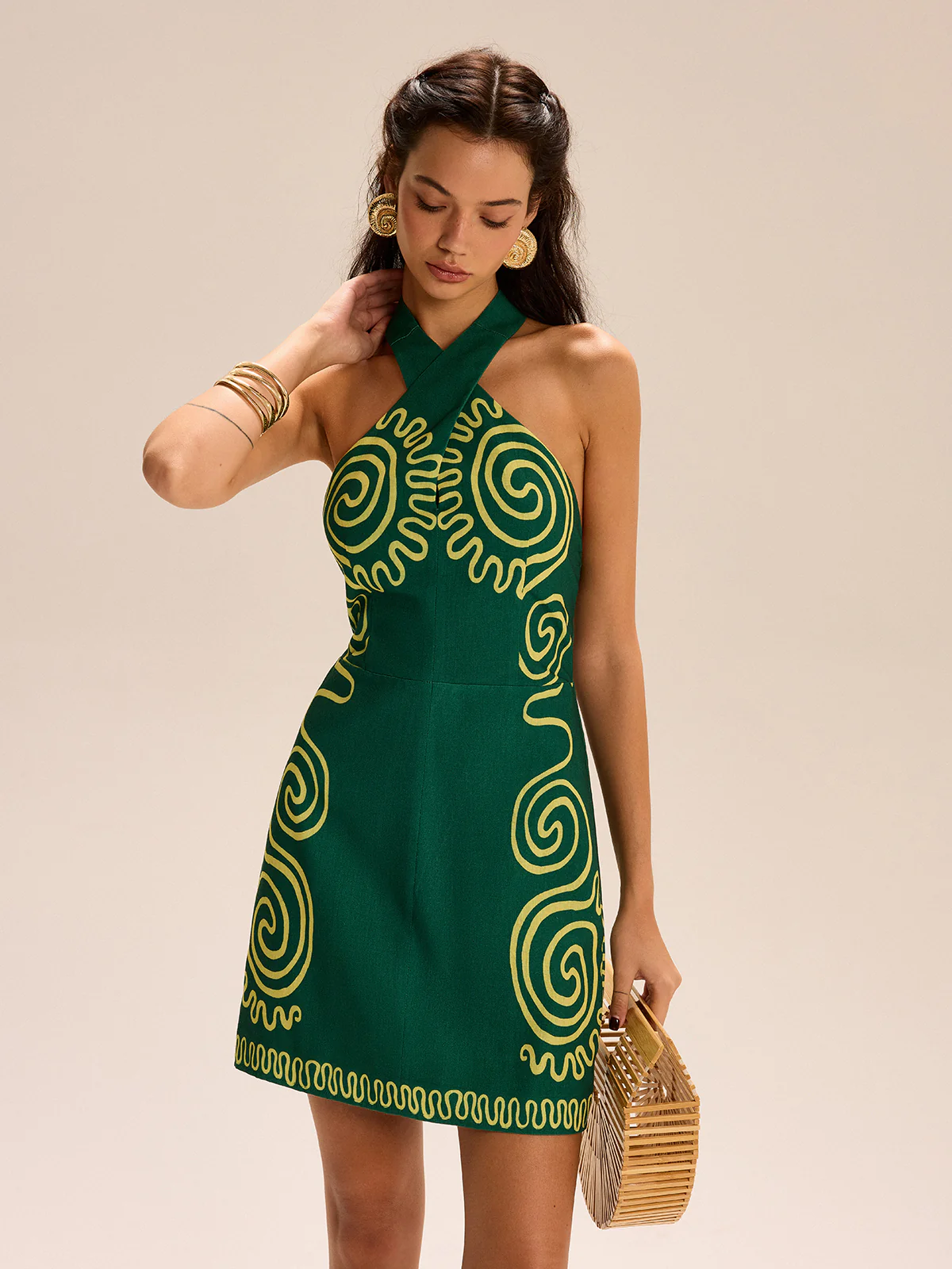 Halter-Neck Dress With Swirl Patterns - Wholesalesil