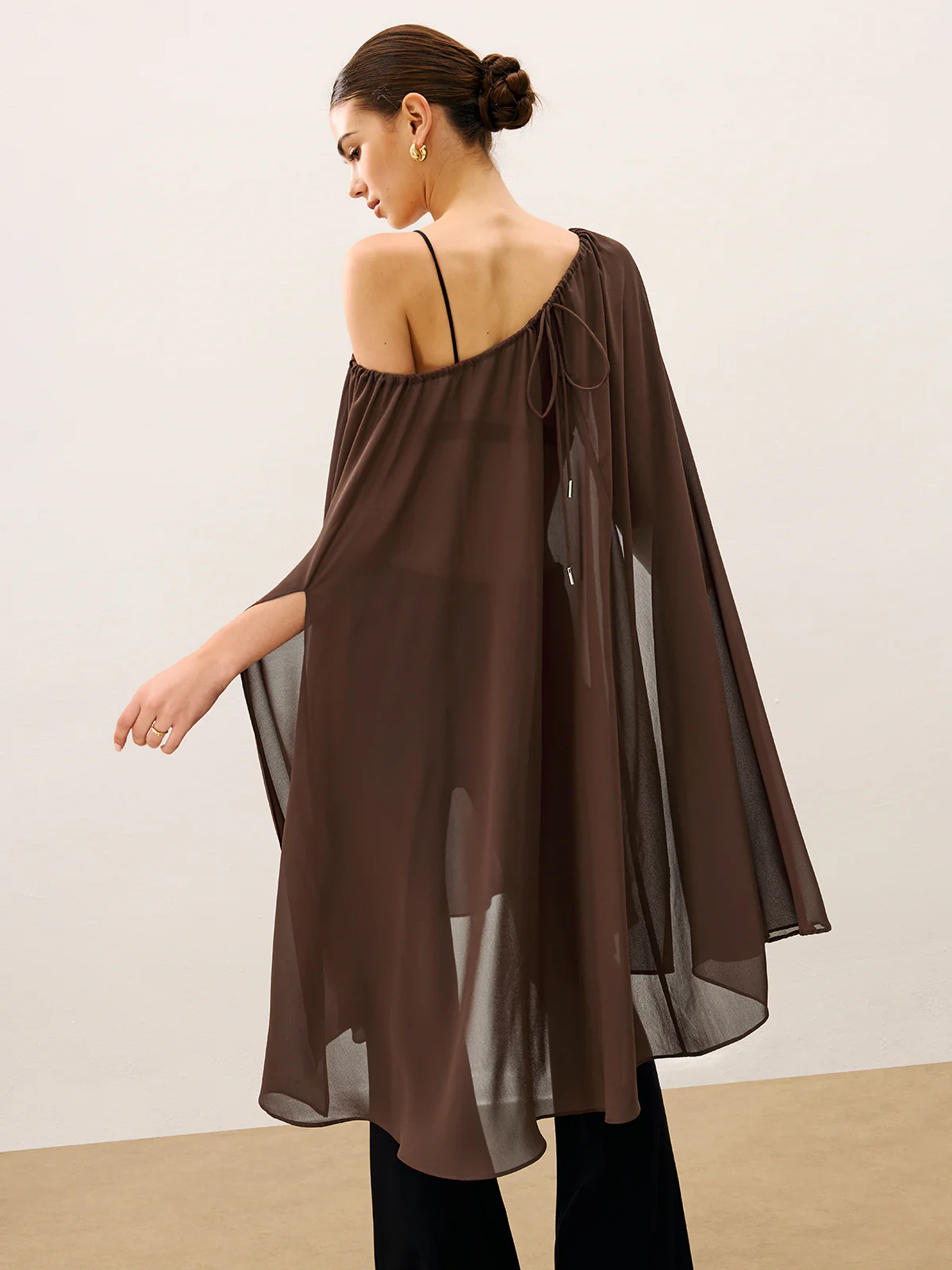 Cape-Style Semi Sheer Chiffon Blouse With Tie Detail - Wholesalesil