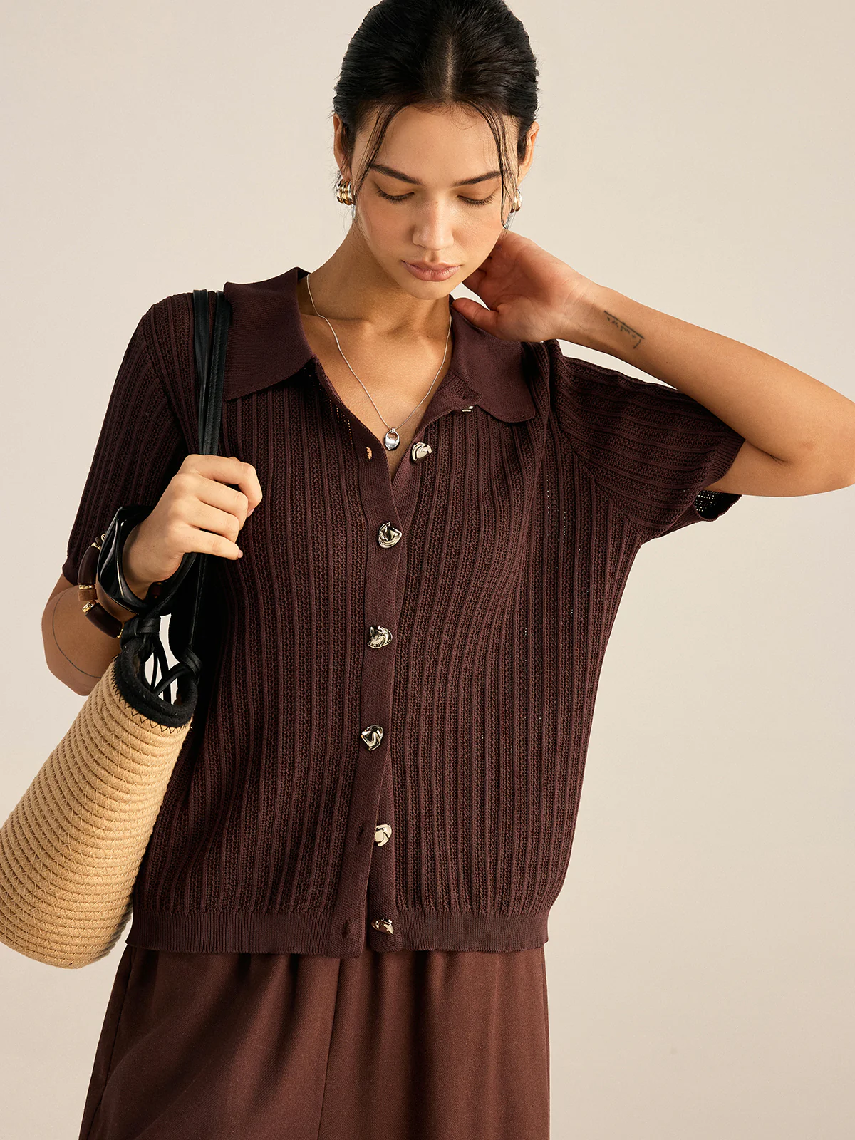 Ribbed Knit Polo-Collar Cardigan - Wholesalesil