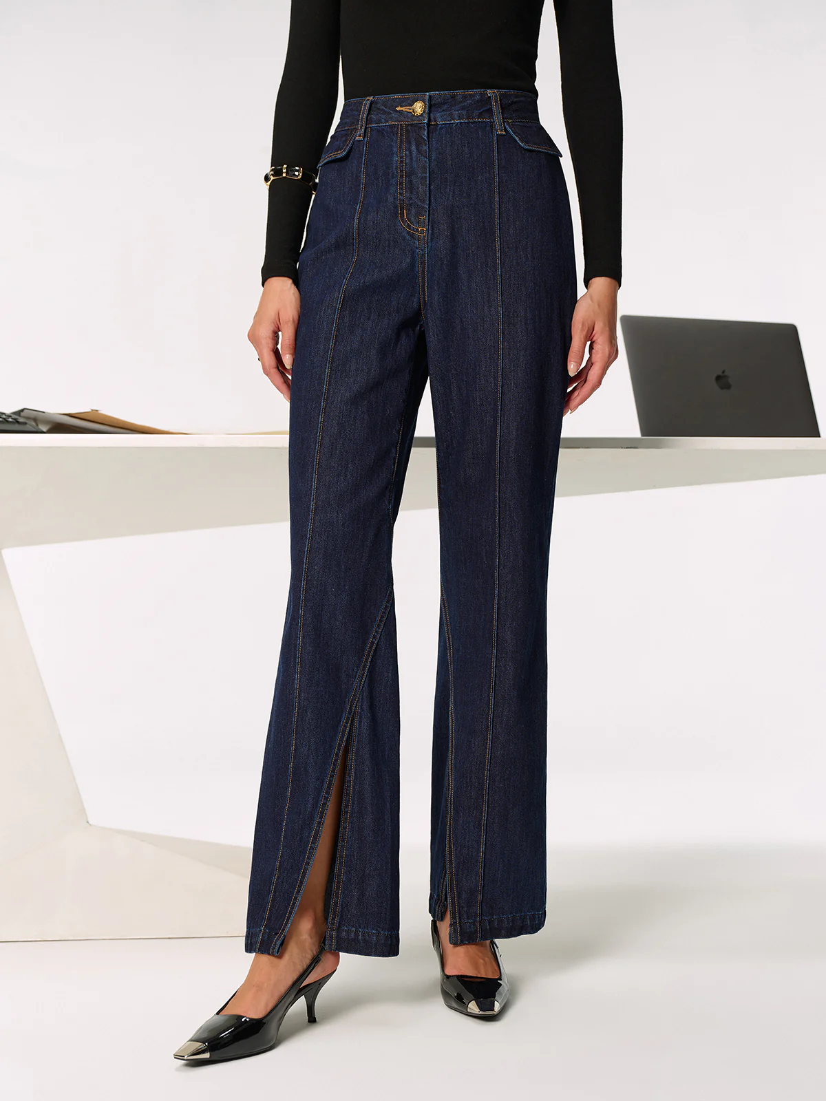 Mid-Waist Slit Denim Jeans - Wholesalesil