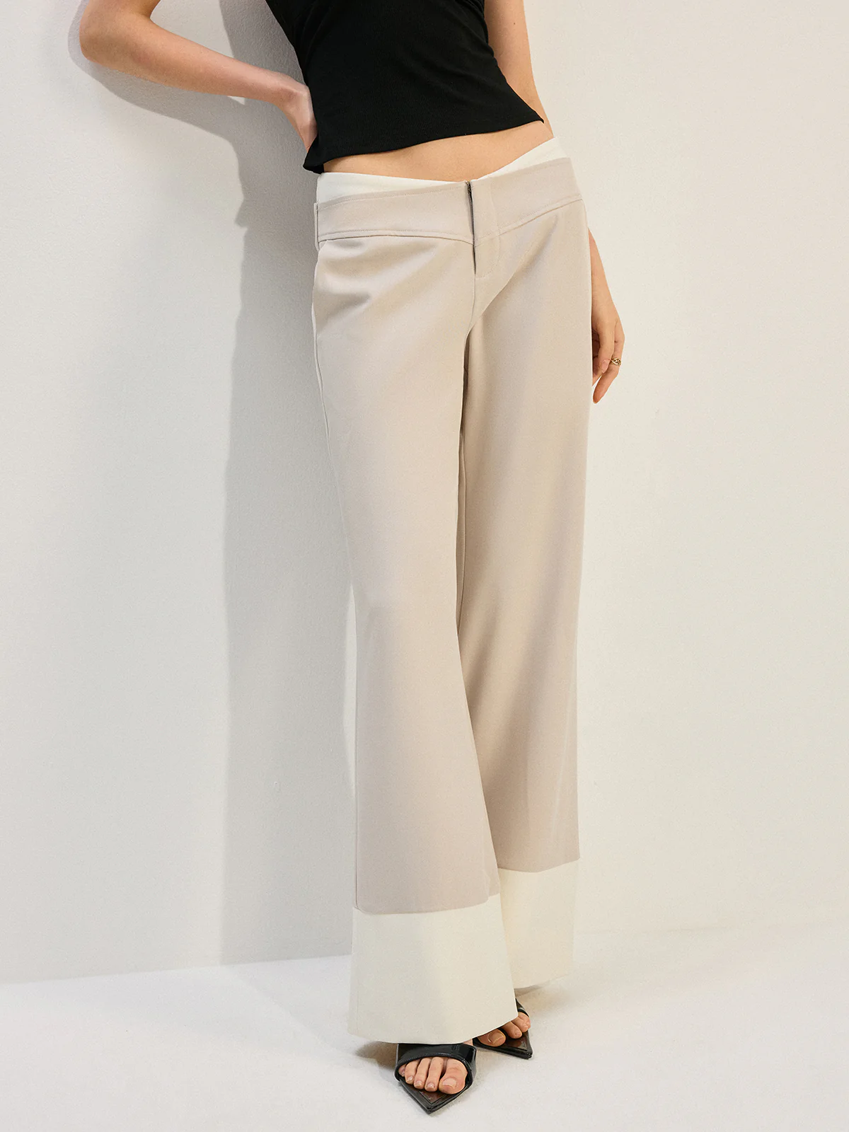 Wide-Leg Low-Waist Pants with Colorblock Hem - Wholesalesil